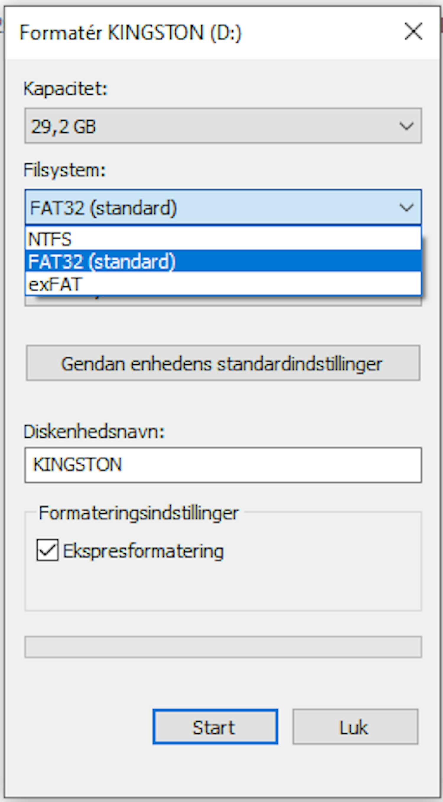 Formater USB Hvis du USB-nøgle er formateret til FAT32, skal den formateres på ny, hvis du vil gemme store filer.